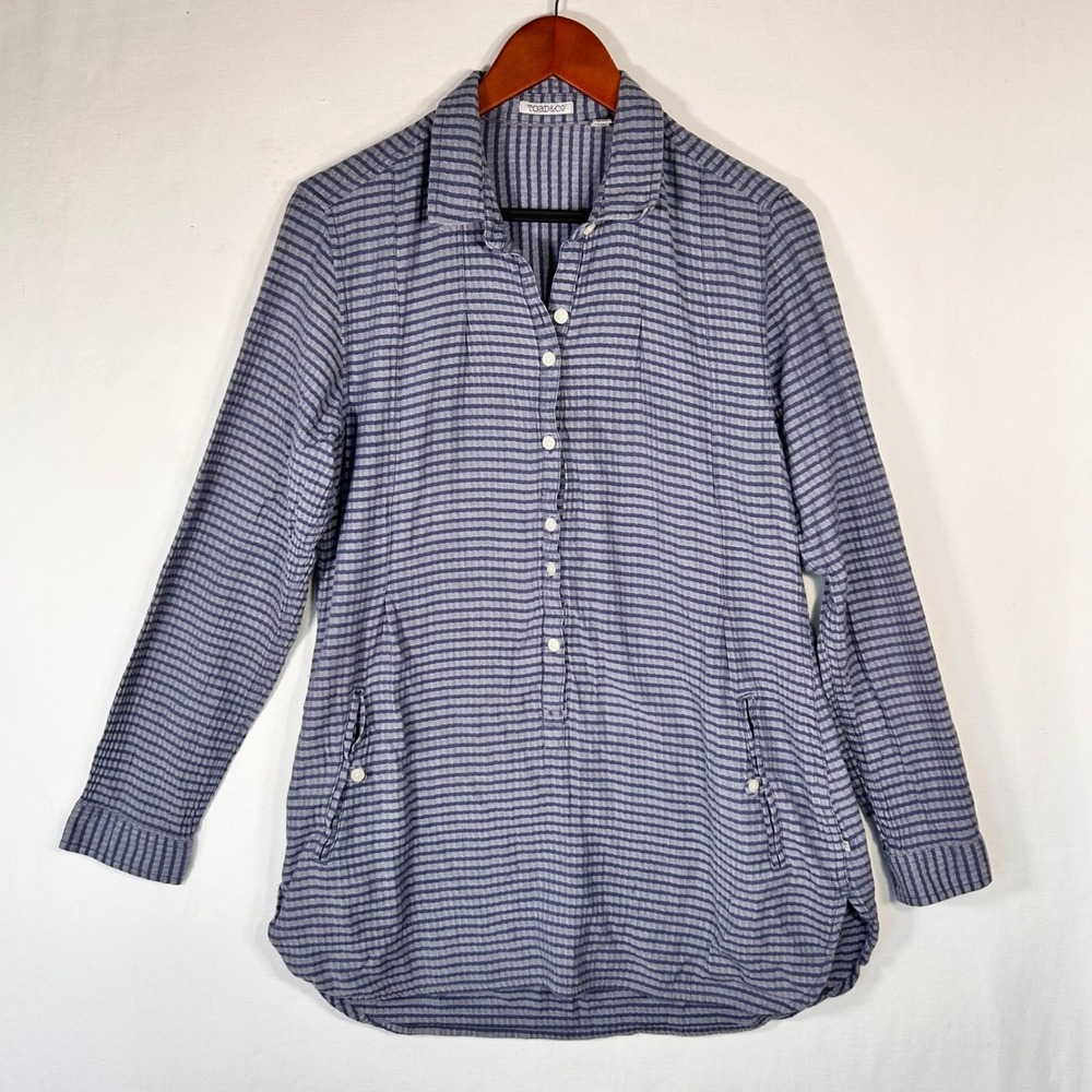 Toad&Co Womens Blue Striped Herringbone Organic Cotton Tunic Top Size M Classic